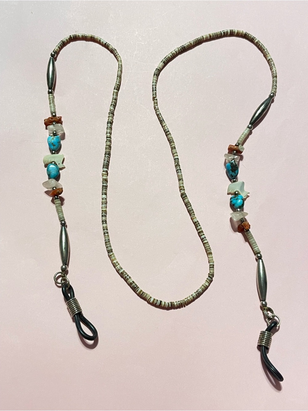 Native Heishi Coral Turquoise & More Fetish Bird Eye Glass Holder Strand #8221